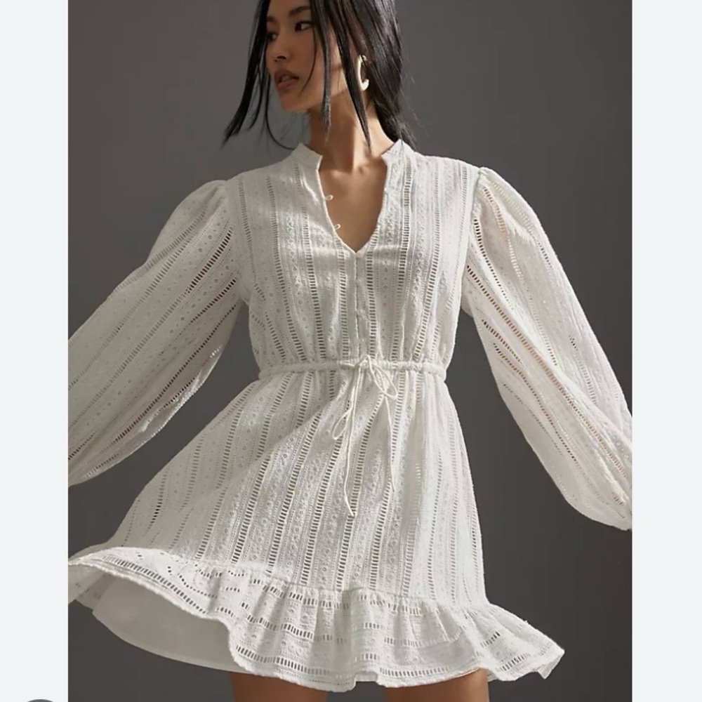 Forever That Girl White Eyelet Mini Dress Floral Appliqué Shirt Dress size XS